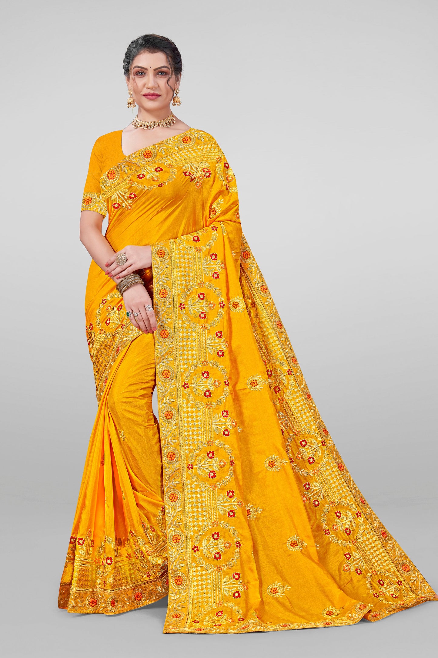 Beautiful Designed Embroidery Worked Vichitra Silk Saree with Blouse Piece