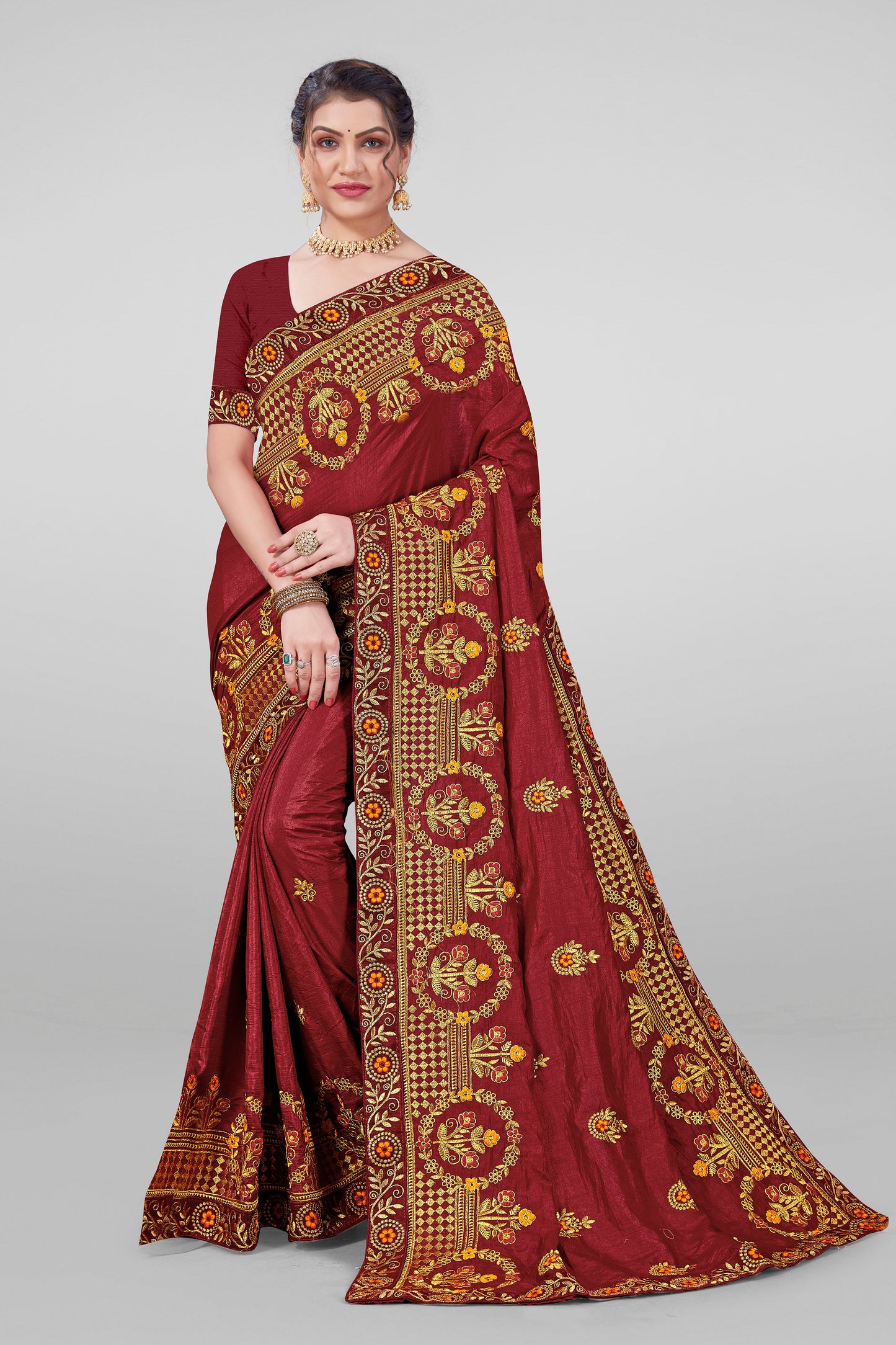 Beautiful Designed Embroidery Worked Vichitra Silk Saree with Blouse Piece