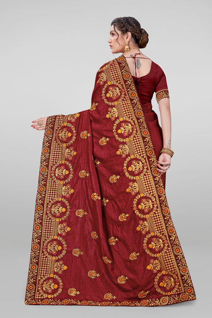 Beautiful Designed Embroidery Worked Vichitra Silk Saree with Blouse Piece