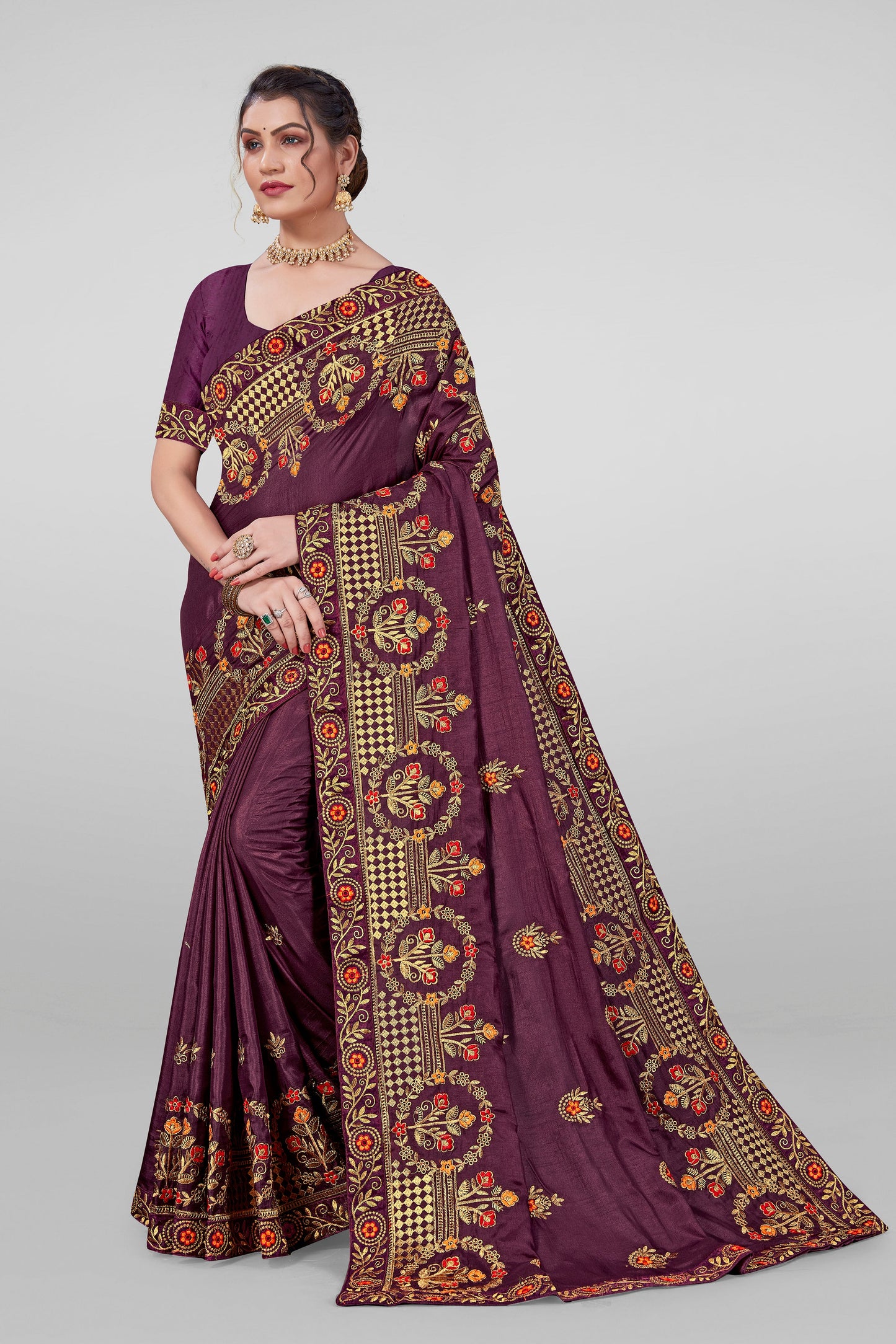 Beautiful Designed Embroidery Worked Vichitra Silk Saree with Blouse Piece