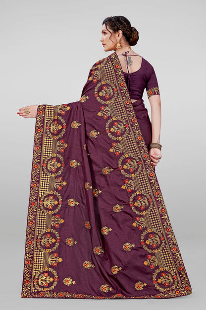 Beautiful Designed Embroidery Worked Vichitra Silk Saree with Blouse Piece