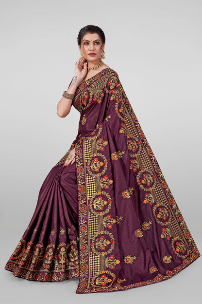 Beautiful Designed Embroidery Worked Vichitra Silk Saree with Blouse Piece