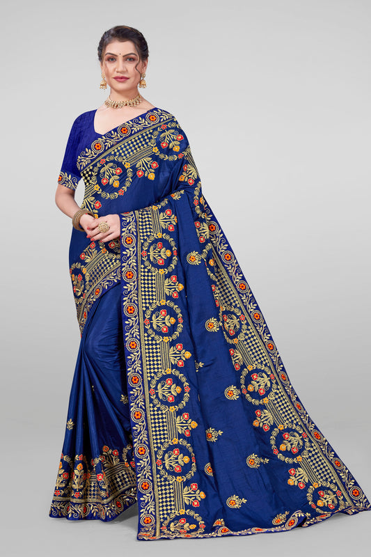 Beautiful Designed Embroidery Worked Vichitra Silk Saree with Blouse Piece