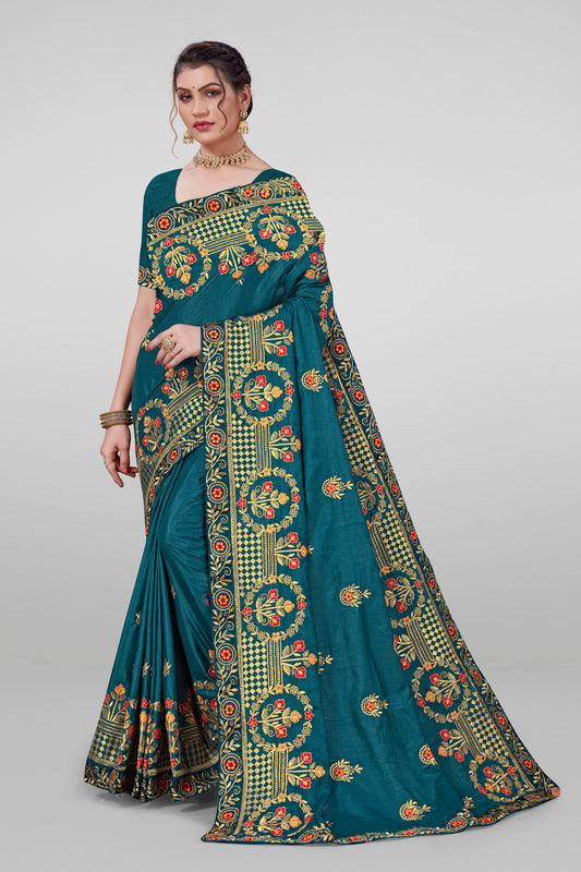 Beautiful Designed Embroidery Worked Vichitra Silk Saree with Blouse Piece