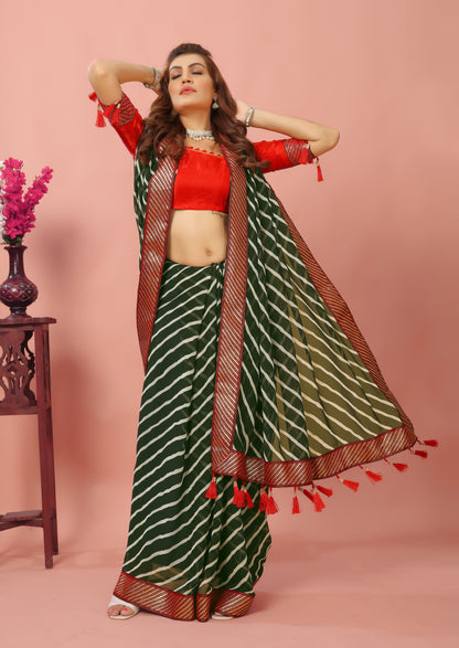 Laheriya Patterned Digital Printed New Trend Traditional Georgette Saree with Unstitched Muslin Blouse Piece