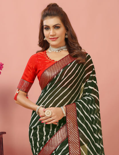 Laheriya Patterned Digital Printed New Trend Traditional Georgette Saree with Unstitched Muslin Blouse Piece