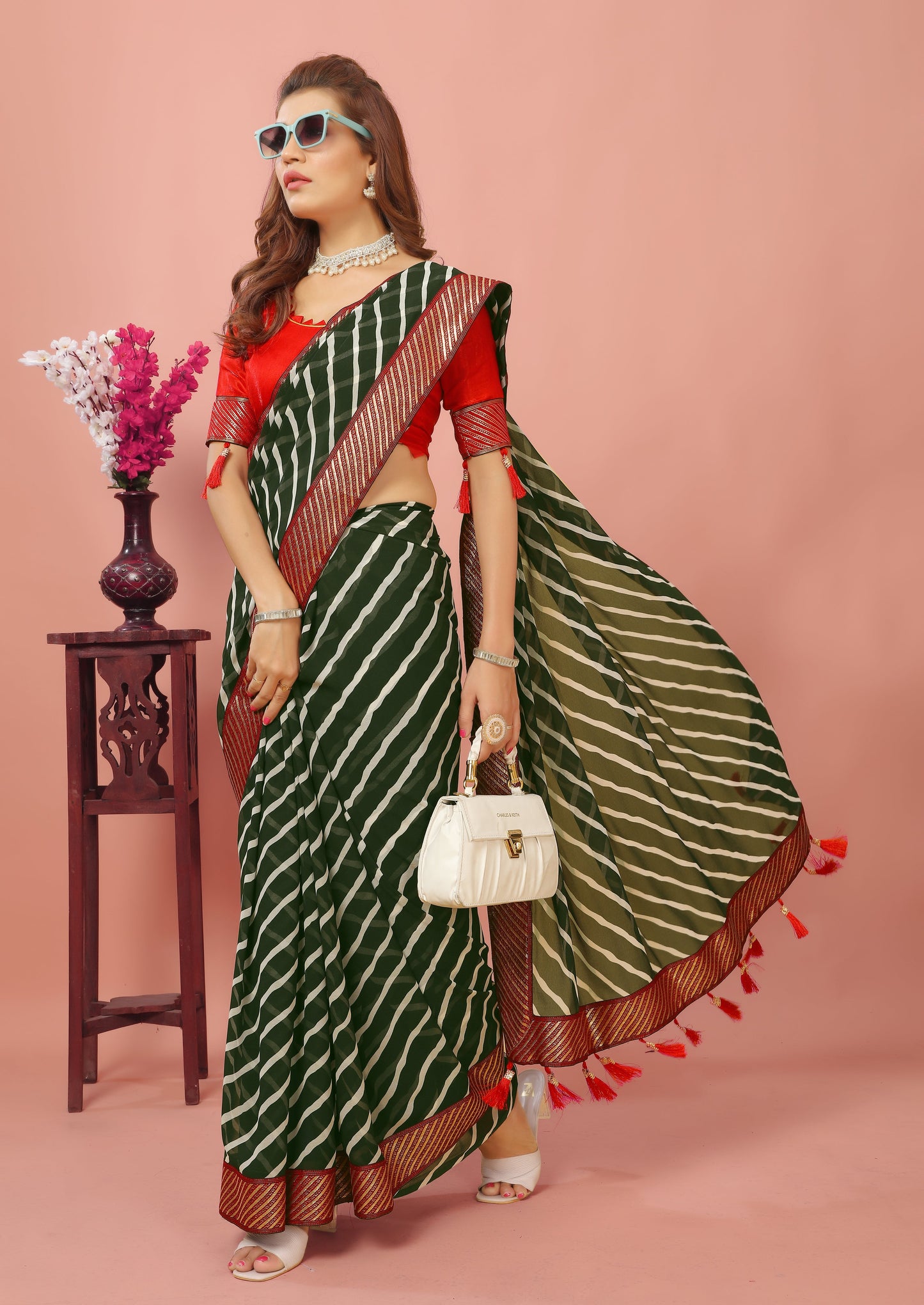 Laheriya Patterned Digital Printed New Trend Traditional Georgette Saree with Unstitched Muslin Blouse Piece