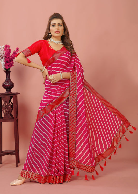 Laheriya Patterned Digital Printed New Trend Traditional Georgette Saree with Unstitched Muslin Blouse Piece