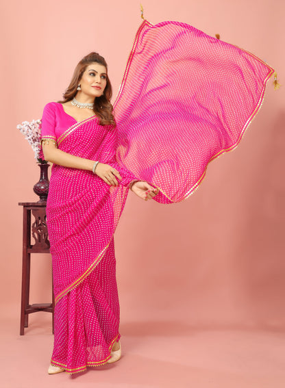 Bandhani Patterned Digital Printed Georgette Saree with Muslin Blouse Piece