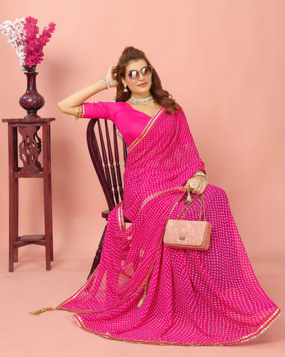 Bandhani Patterned Digital Printed Georgette Saree with Muslin Blouse Piece