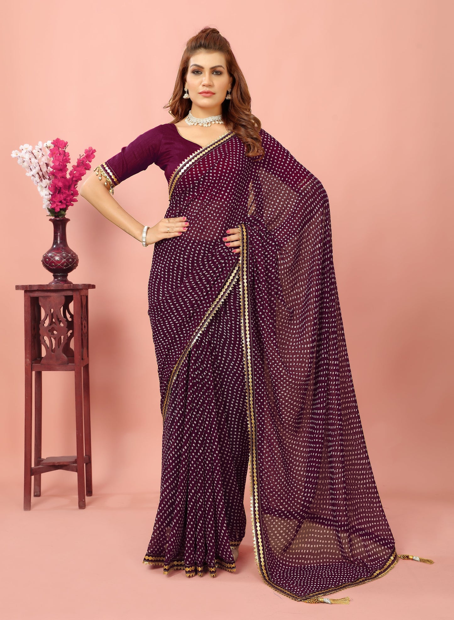 Bandhani Patterned Digital Printed Georgette Saree with Muslin Blouse Piece