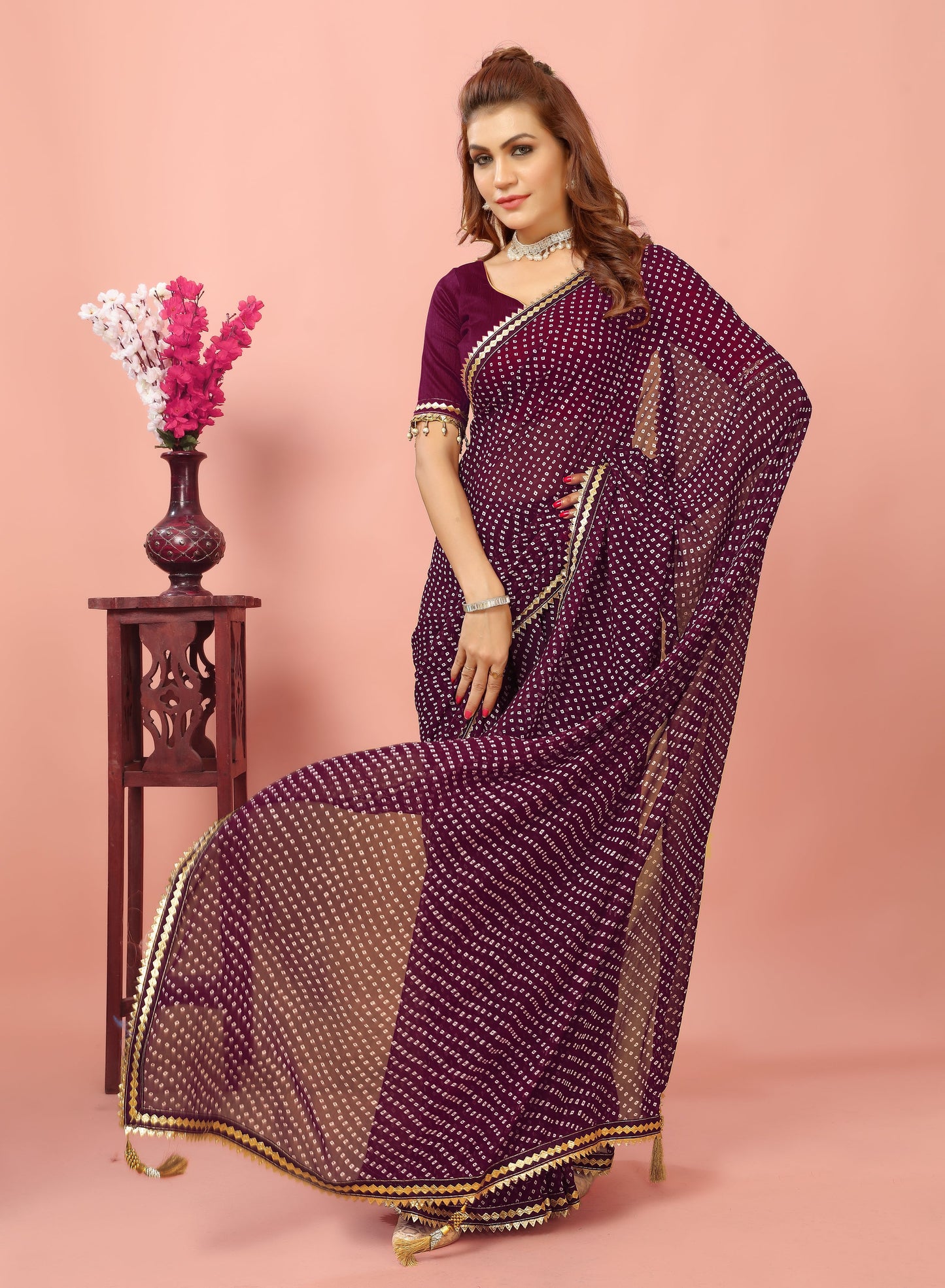 Bandhani Patterned Digital Printed Georgette Saree with Muslin Blouse Piece