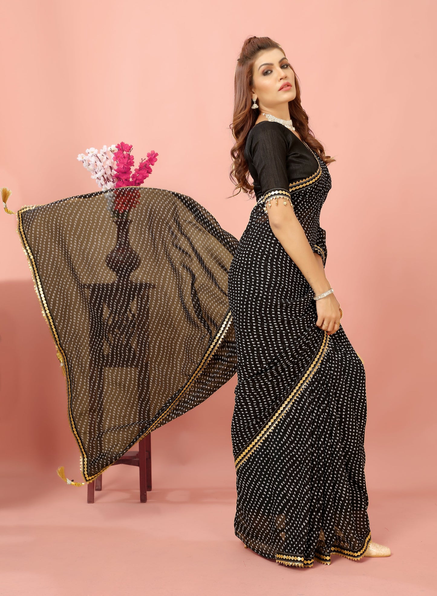 Bandhani Patterned Digital Printed Georgette Saree with Muslin Blouse Piece