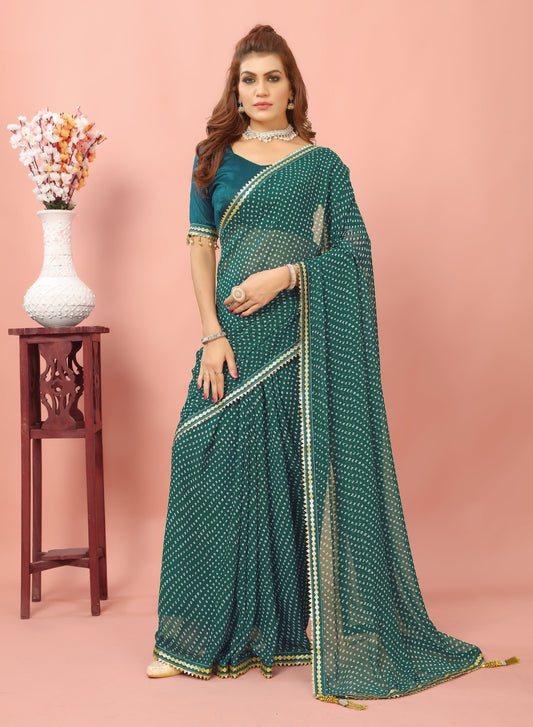 Bandhani Patterned Digital Printed Georgette Saree with Muslin Blouse Piece