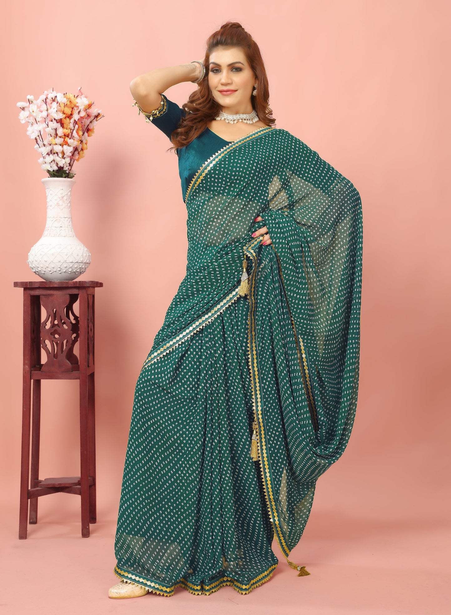 Bandhani Patterned Digital Printed Georgette Saree with Muslin Blouse Piece