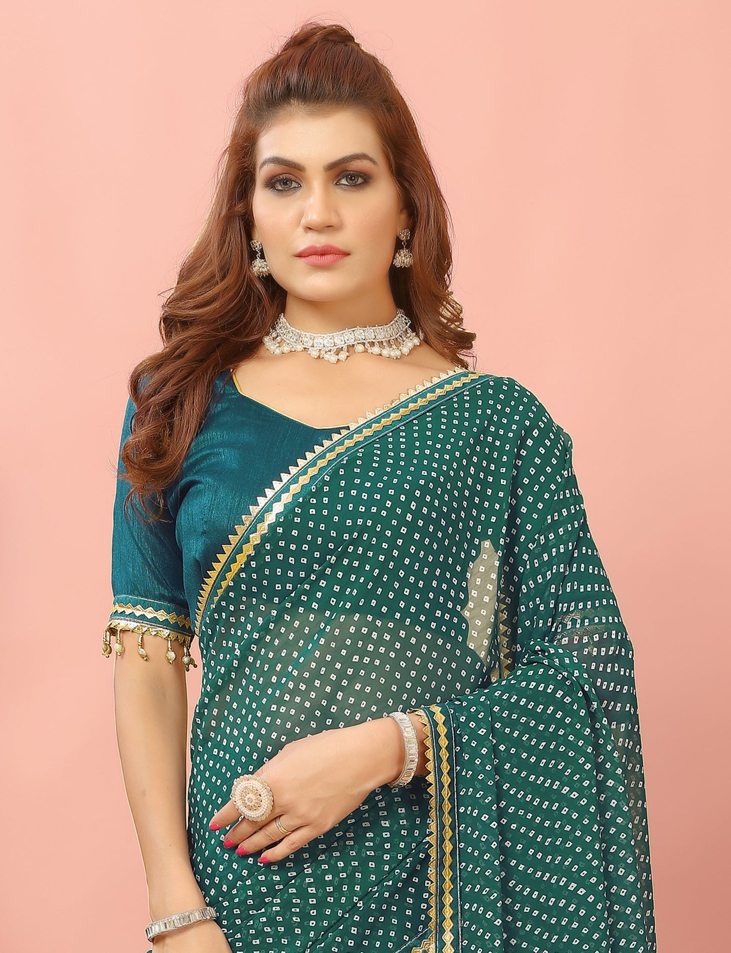 Bandhani Patterned Digital Printed Georgette Saree with Muslin Blouse Piece