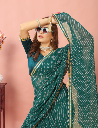 Bandhani Patterned Digital Printed Georgette Saree with Muslin Blouse Piece