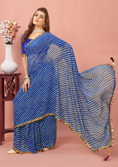 Laheriya Patterned Digital printed Lace Border Georgette Saree with Unstitched Muslin Blouse Piece