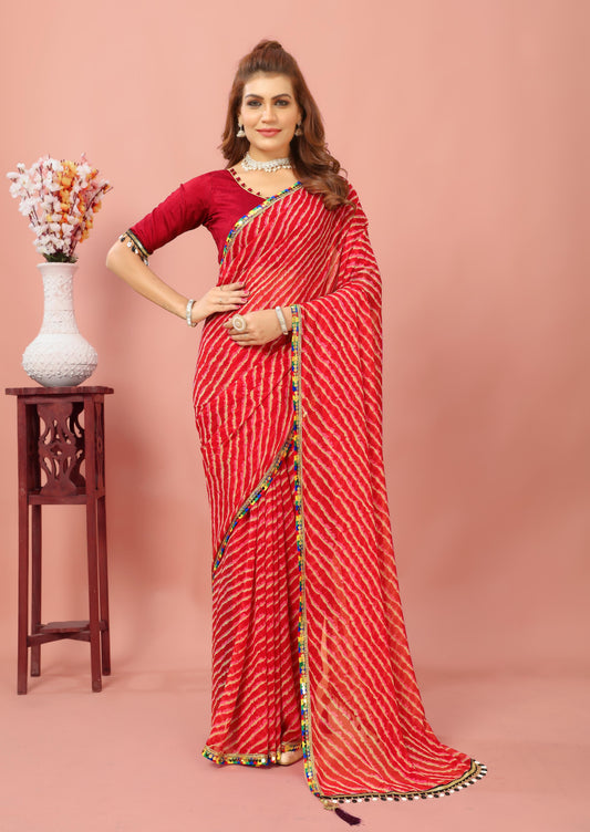 Laheriya Patterned Digital printed Lace Border Georgette Saree with Unstitched Muslin Blouse Piece