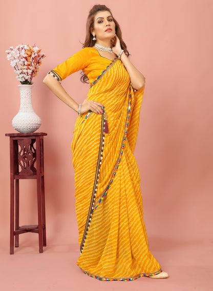 Laheriya Patterned Digital printed Lace Border Georgette Saree with Unstitched Muslin Blouse Piece