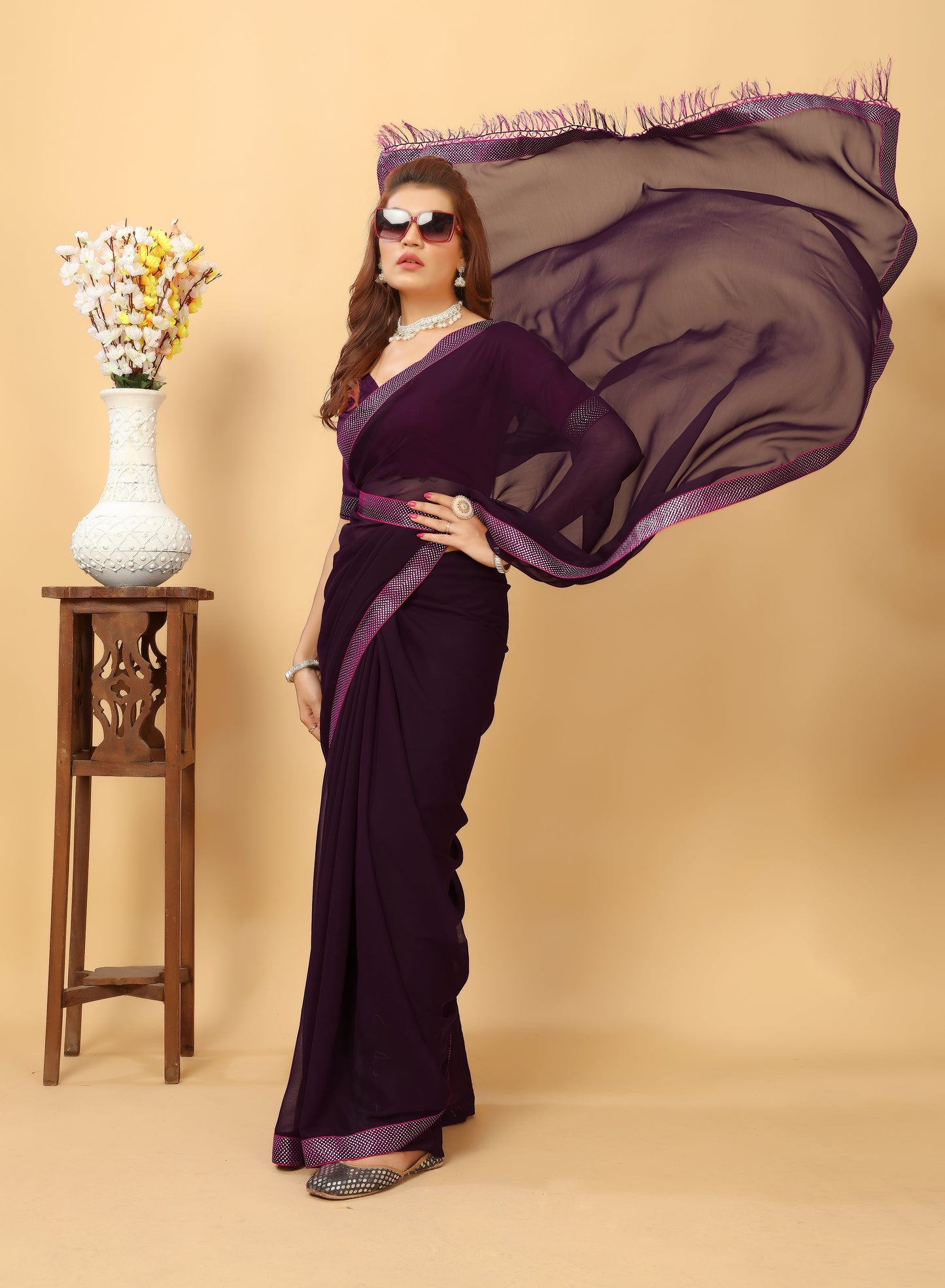 Beautiful Lace Bordered Fashioned New Trending Georgette Saree with Blouse Piece