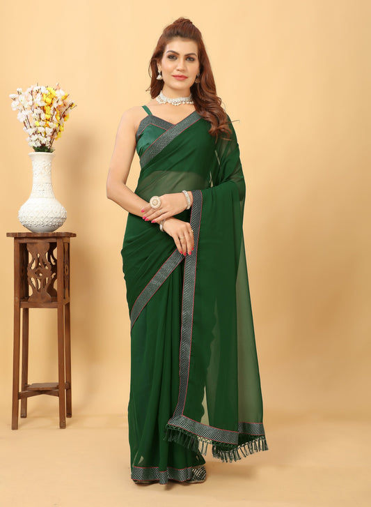 Beautiful Lace Bordered Fashioned New Trending Georgette Saree with Blouse Piece