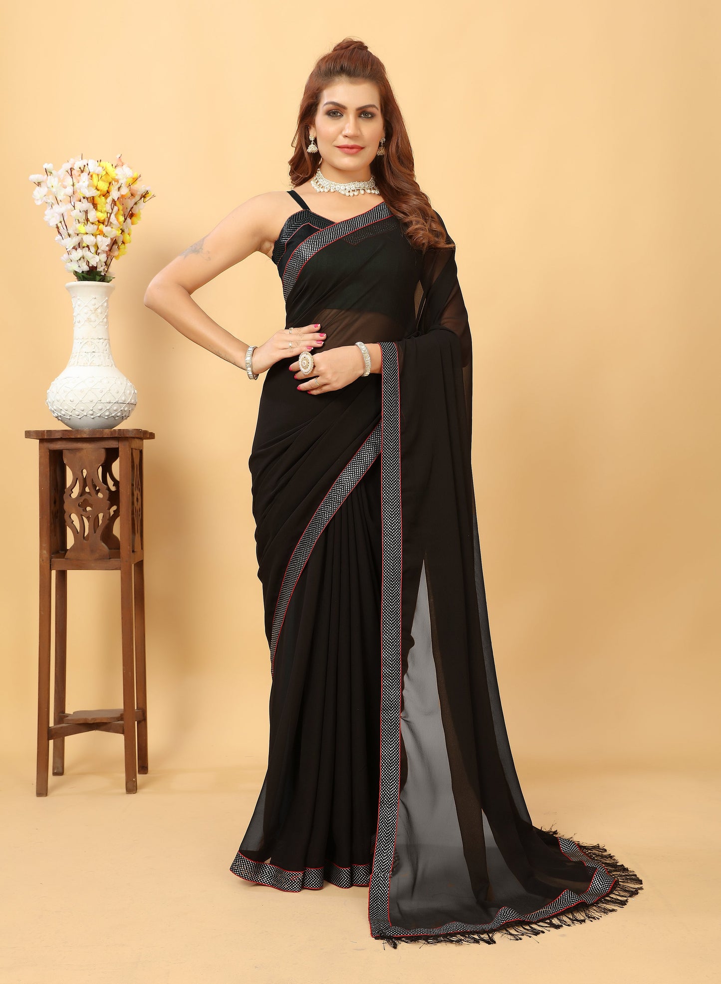 Beautiful Lace Bordered Fashioned New Trending Georgette Saree with Blouse Piece