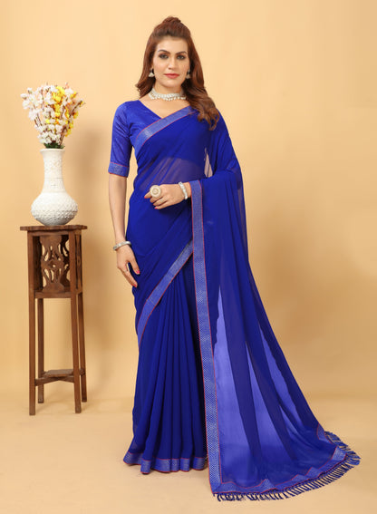 Beautiful Lace Bordered Fashioned New Trending Georgette Saree with Blouse Piece