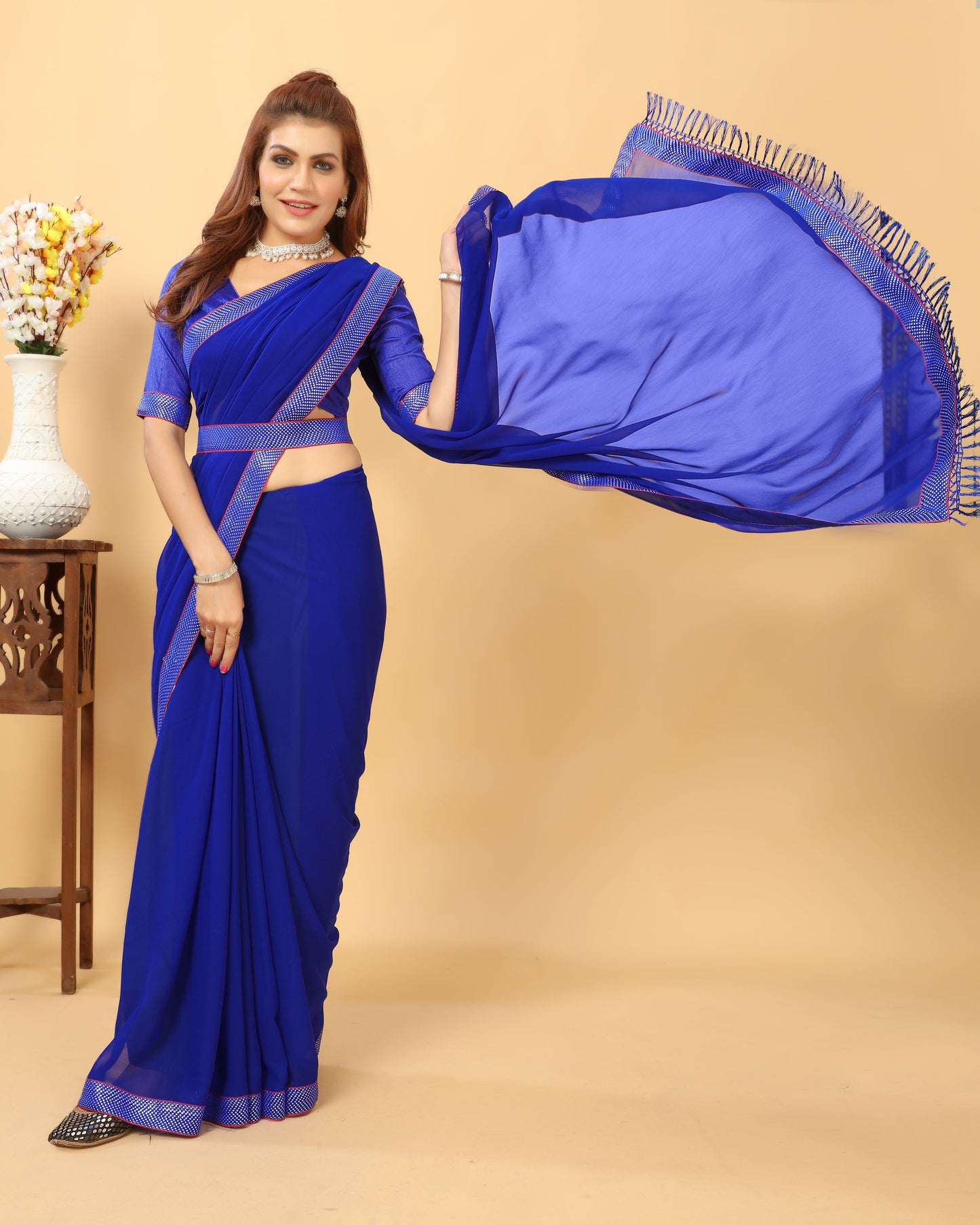 Beautiful Lace Bordered Fashioned New Trending Georgette Saree with Blouse Piece