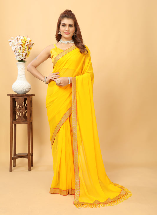 Beautiful Lace Bordered Fashioned New Trending Georgette Saree with Blouse Piece