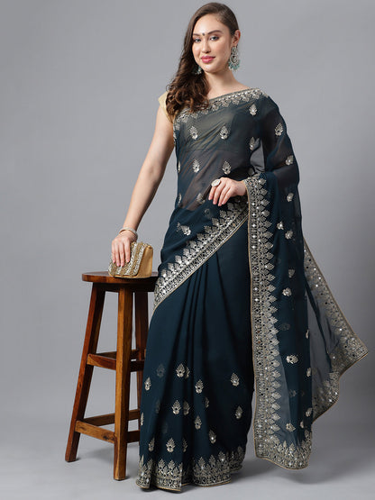 Classic Traditional Georgette Saree with Satin Silk Blouse Piece