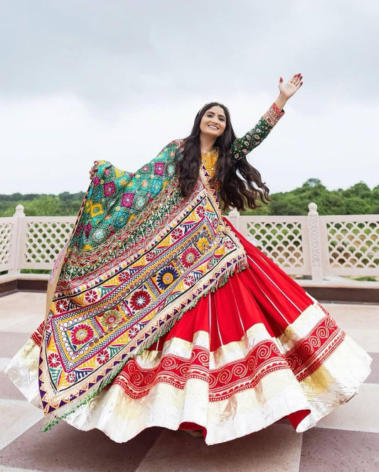 Festive Red and Green Lehenga with Vibrant Embroidered Dupatta