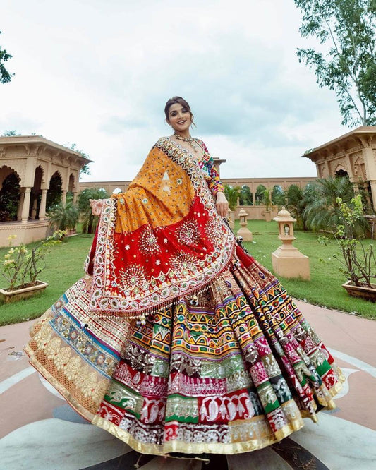 Exquisite Red Multicolor Lehenga with Intricate Mirror and Thread Work