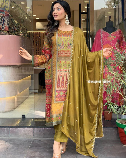 Glamorous Heavy Silk Suit Set With Intricate Handwork, Original Mirror Work