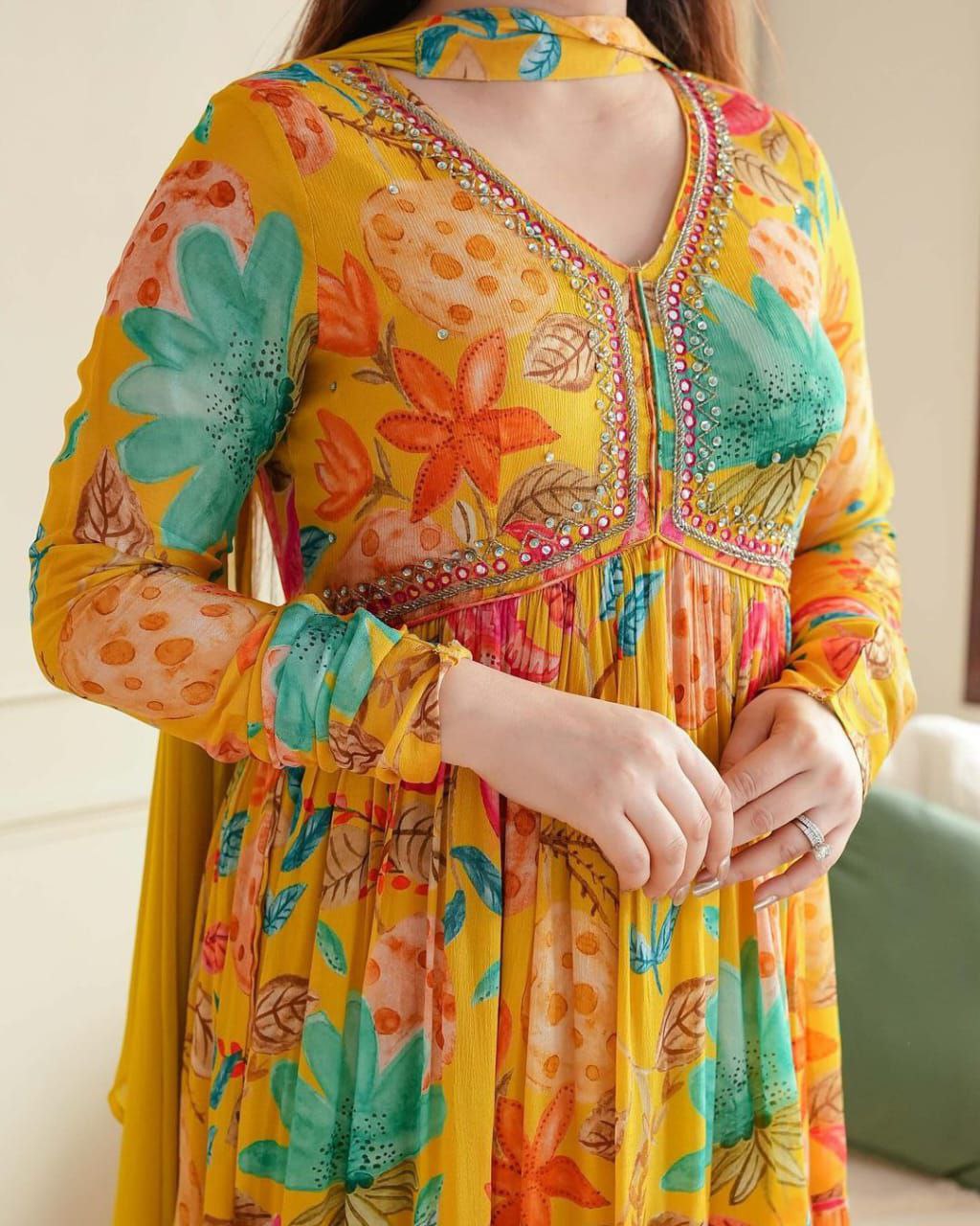 GLAMOUROUS YELLOW ALIYA CUT WITH INTRICATE HANDWORK, STONEWORK DORIWORK AND MIRROR WORK