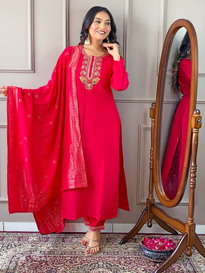 Viscose Chanderi Suit Set With Coding embroidery.