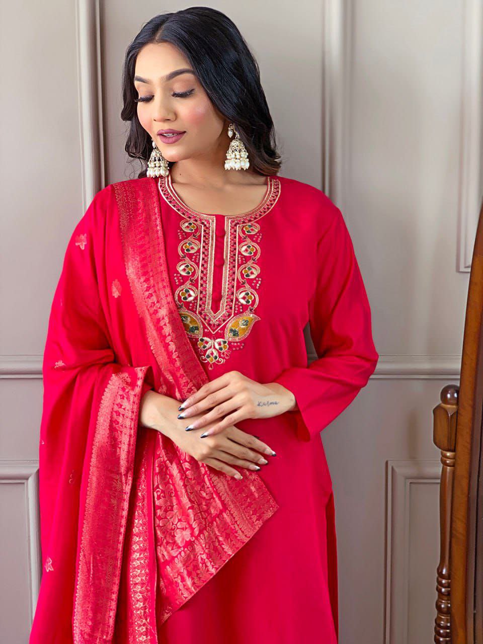 Viscose Chanderi Suit Set With Coding embroidery.