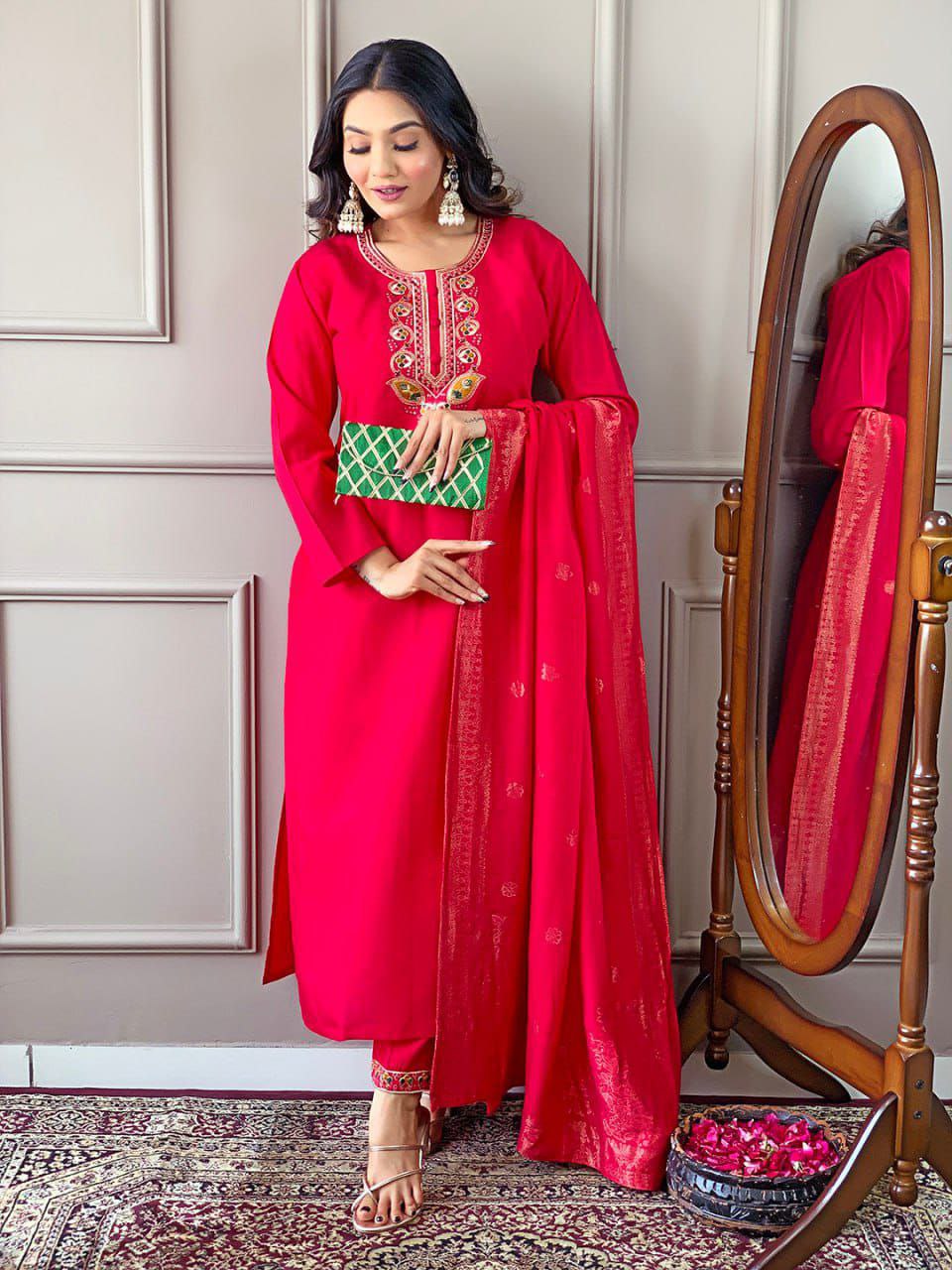 Viscose Chanderi Suit Set With Coding embroidery.