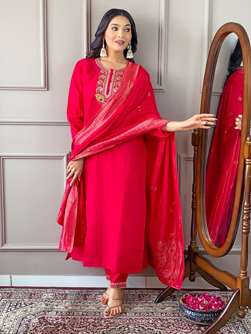 Viscose Chanderi Suit Set With Coding embroidery.