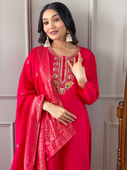 Viscose Chanderi Suit Set With Coding embroidery.