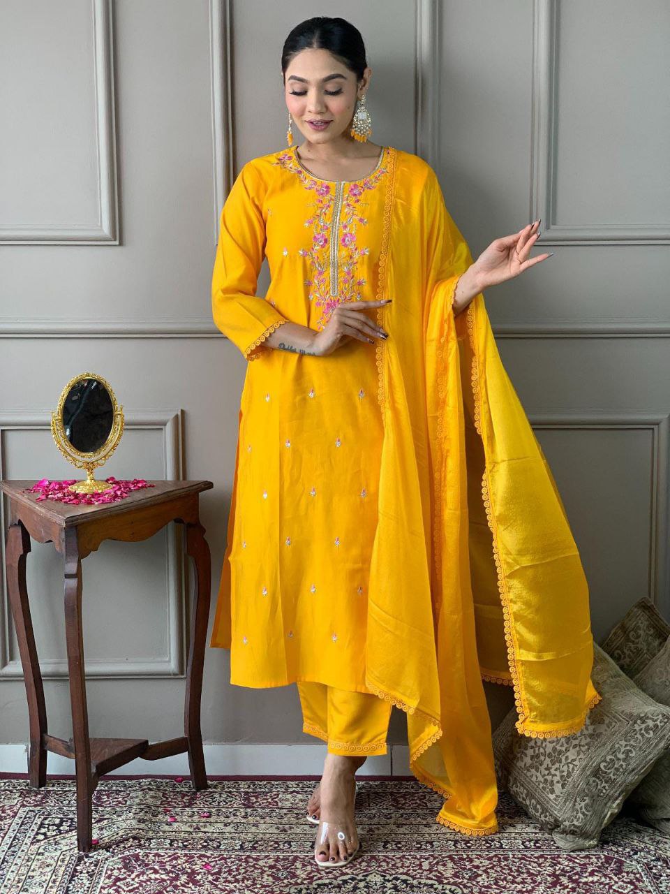 Beautiful Viscose Chanderi Suit Set Beautifully Decorated With Coding embroidery