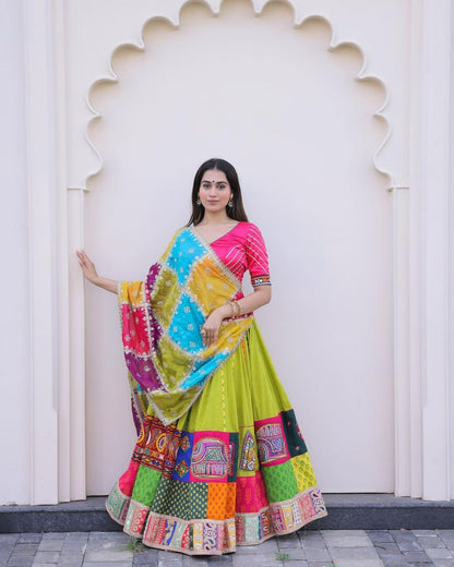 Multicolor Patchwork Traditional Lehenga Choli with Bandhani Dupatta and Embroidered Border