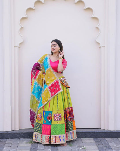 Multicolor Patchwork Traditional Lehenga Choli with Bandhani Dupatta and Embroidered Border