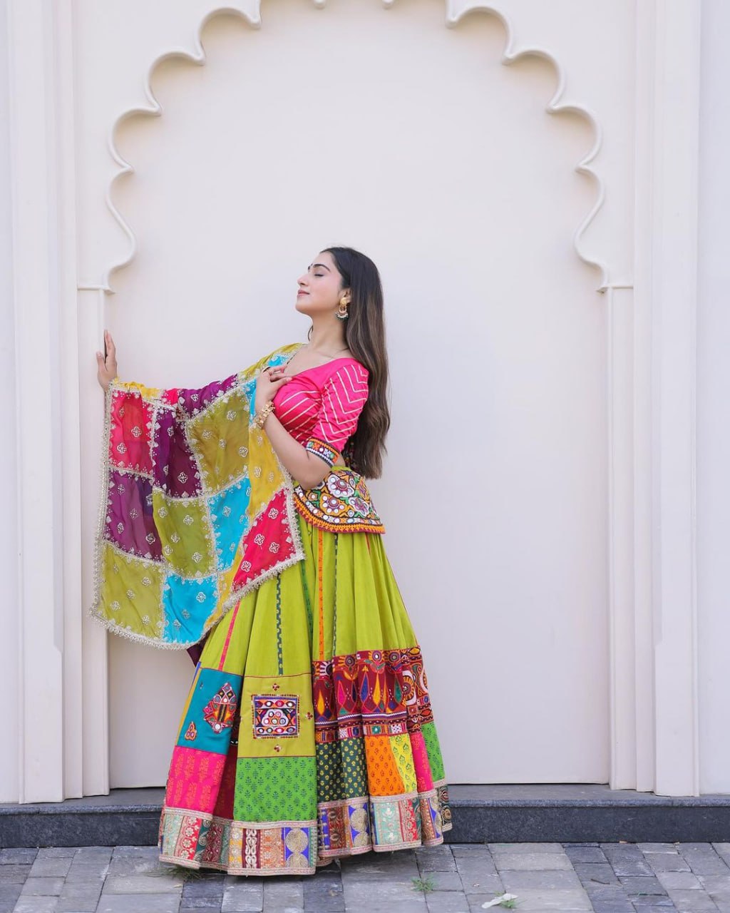 Multicolor Patchwork Traditional Lehenga Choli with Bandhani Dupatta and Embroidered Border