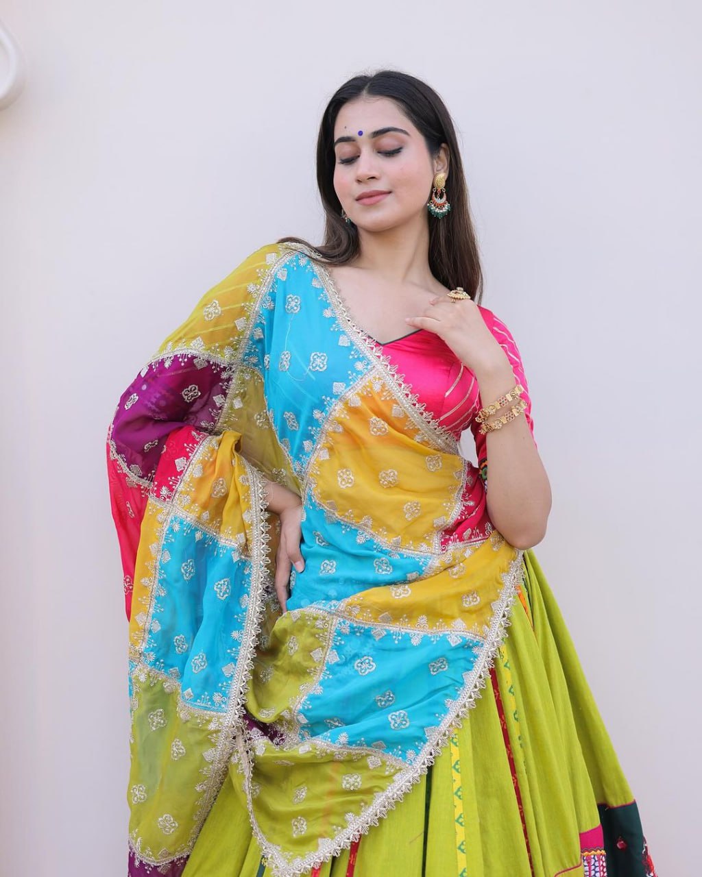 Multicolor Patchwork Traditional Lehenga Choli with Bandhani Dupatta and Embroidered Border