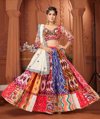 Colorful Patchwork Embroidered Lehenga Choli with Mirror Work and Contrasting Dupatta