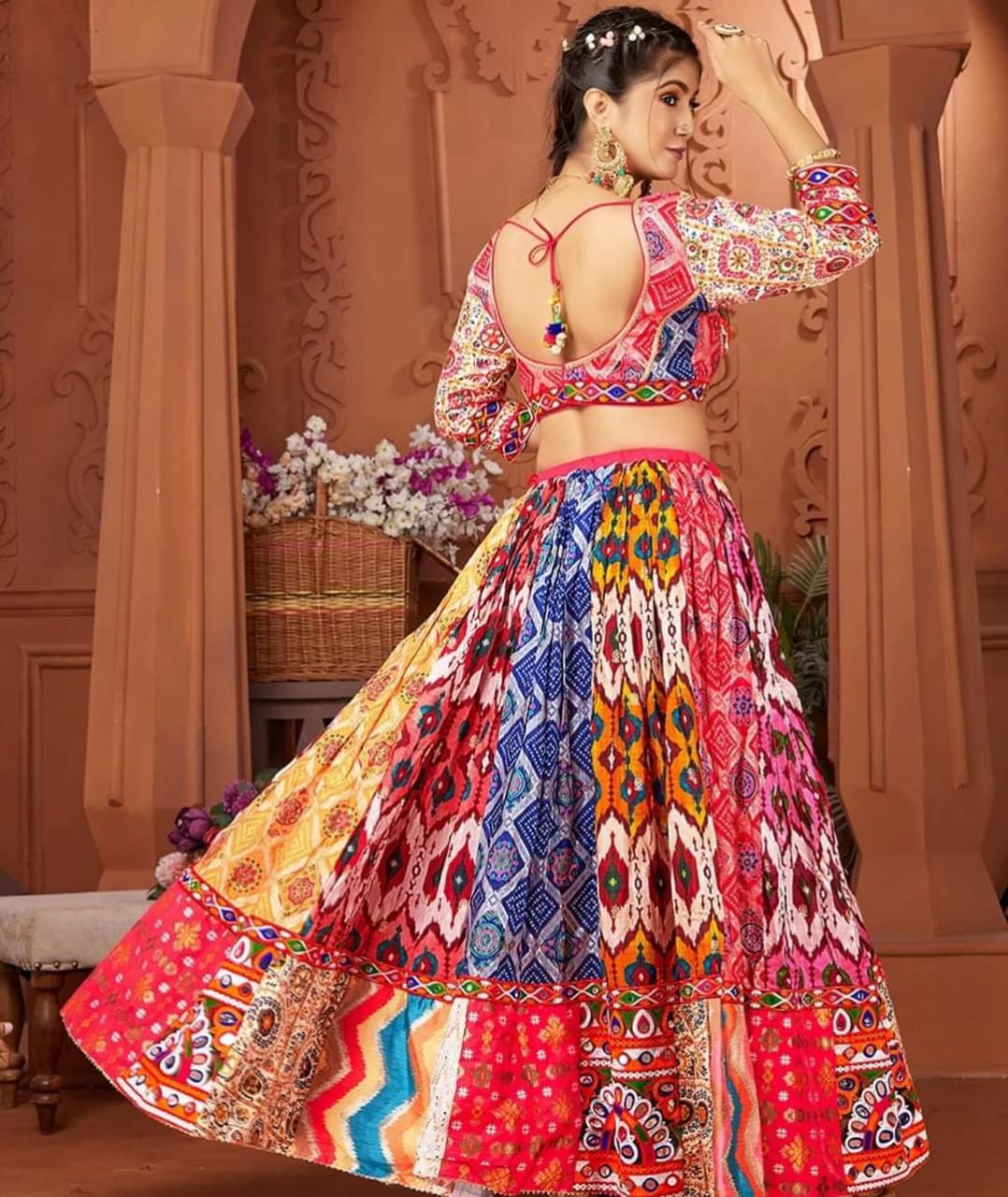 Colorful Patchwork Embroidered Lehenga Choli with Mirror Work and Contrasting Dupatta