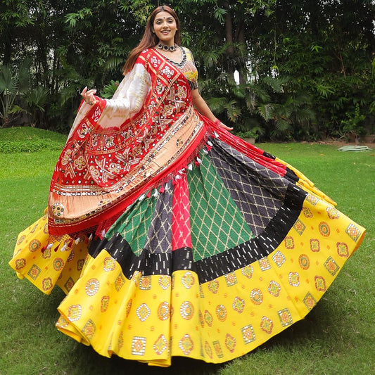 Vibrant Yellow and Red Bandhani Lehenga Choli with Traditional Mirror Work