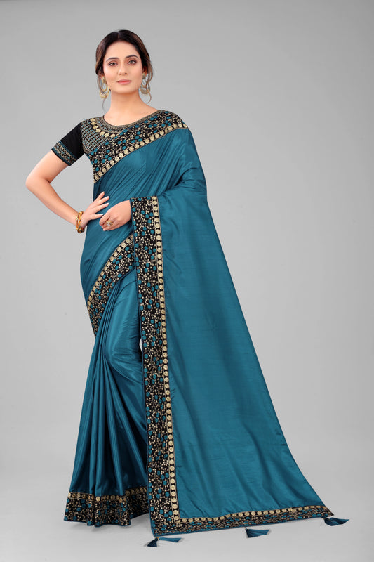 Classic Traditional Addition Embroidered Worked Lace Border with Velvet Fabric Blouse Piece Silk Saree