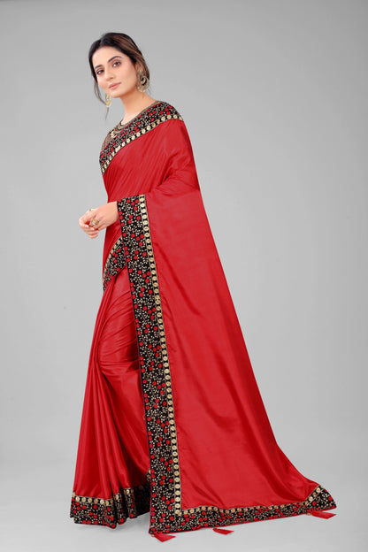 Classic Traditional Addition Embroidered Worked Lace Border with Velvet Fabric Blouse Piece Silk Saree